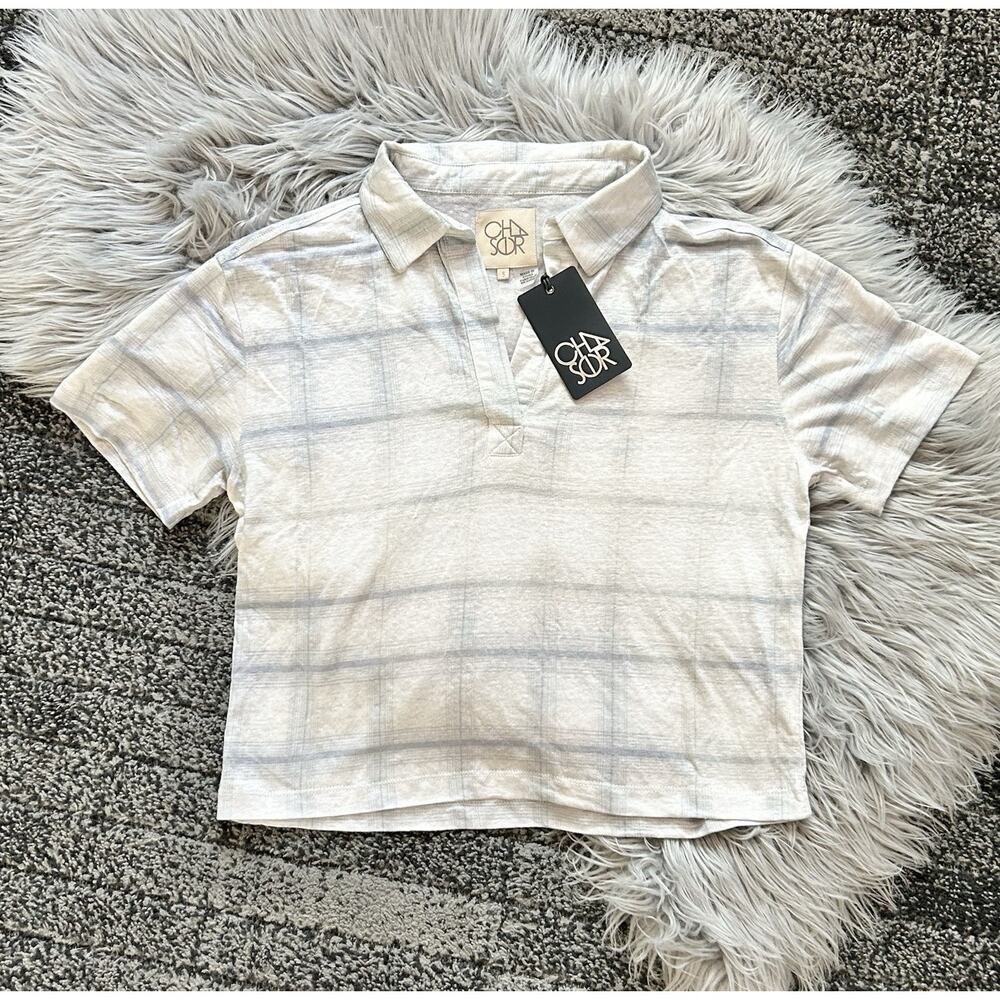 Chaser Women's Collared Washed Up Stripe Designed V-Neck Cropped T Size Small